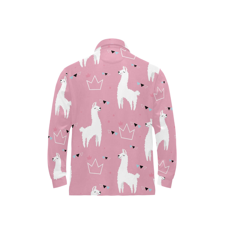 Llama Alpaca pink background Men's Long Sleeve Polo Shirt