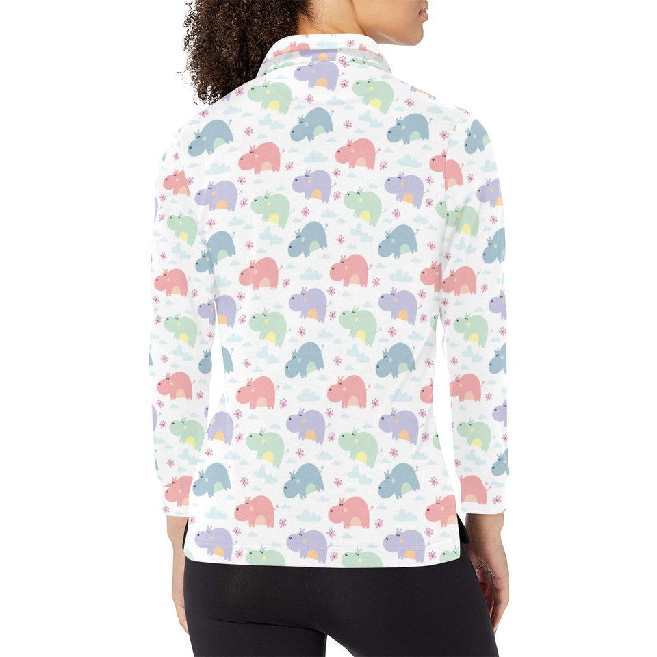 Hippopotamus Pattern Print Design 03 Women's Long Sleeve Polo Shirt