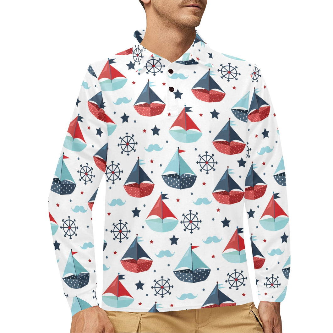 Cute color paper sailboat pattern Men's Long Sleeve Polo Shirt