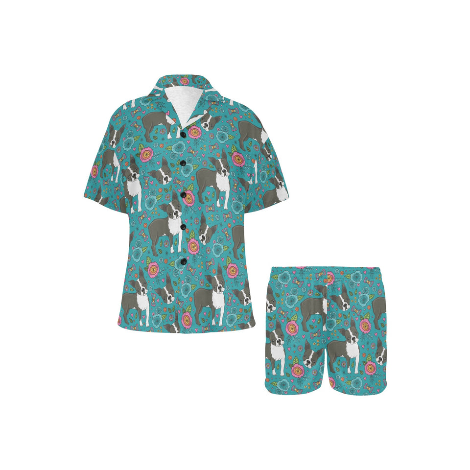 Boston terrier beautiful flower pattern Women's V-Neck Short Pajama Set