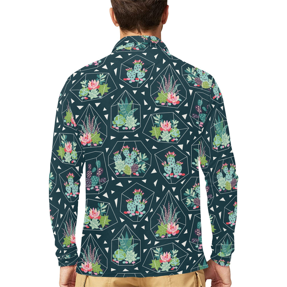 Cactus glass terrarium pattern Men's Long Sleeve Polo Shirt