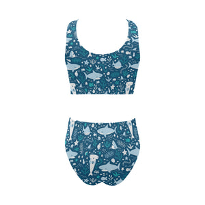 Cute shark pattern Chest Bowknot High Waisted Bikini Swimsuit