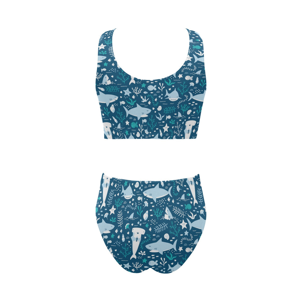 Cute shark pattern Chest Bowknot High Waisted Bikini Swimsuit