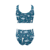 Cute shark pattern Chest Bowknot High Waisted Bikini Swimsuit