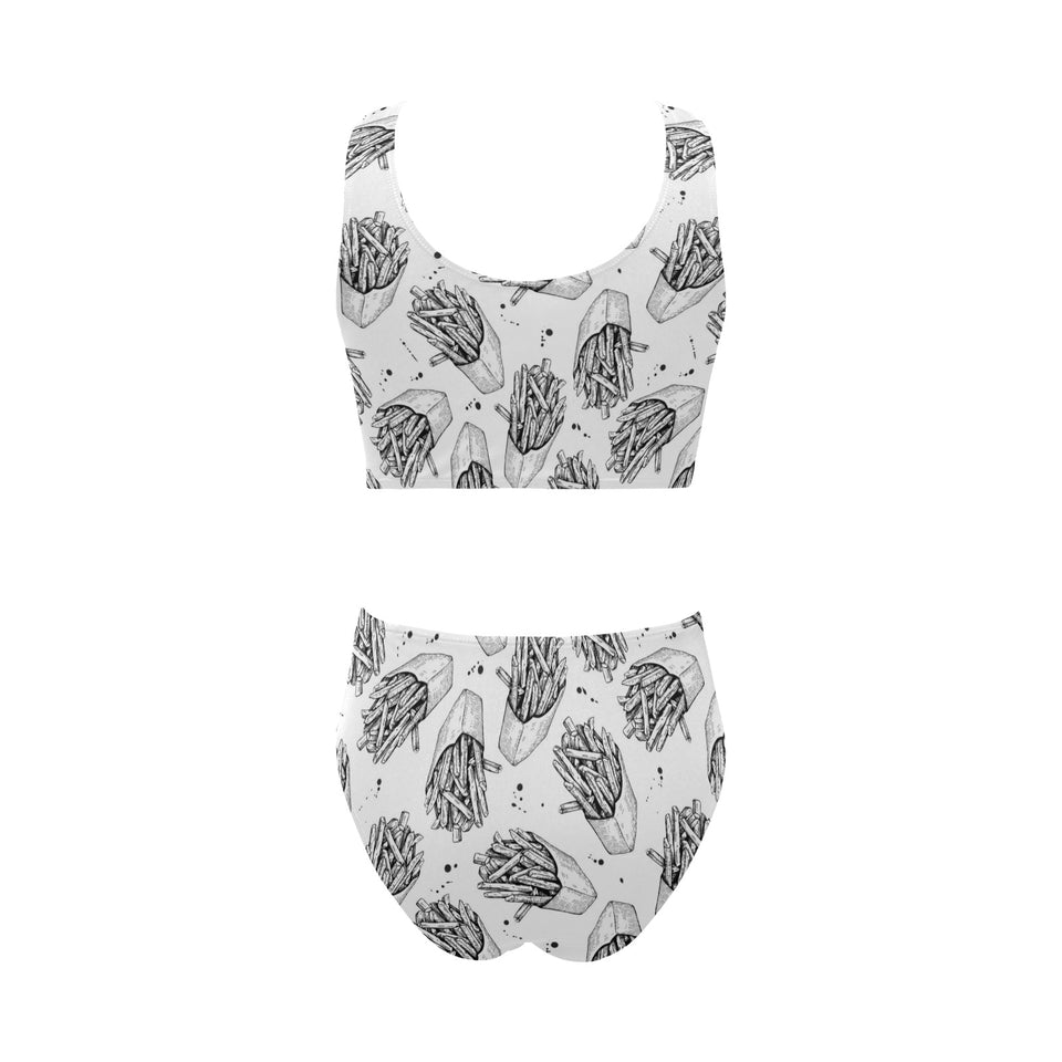 Hand drawn french fries pattern Chest Bowknot High Waisted Bikini Swimsuit