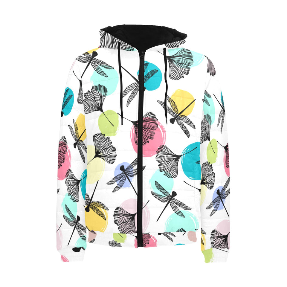 Dragonflies ginkgo leaves pattern Men's Padded Hooded Jacket