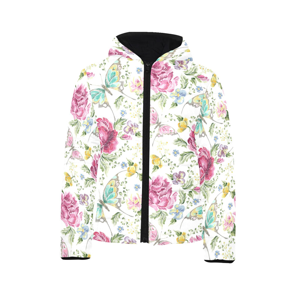 Hand drawn butterfly rose Kids' Boys' Girls' Padded Hooded Jacket