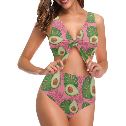 Avocado slices leaves pink back ground Chest Bowknot High Waisted Bikini Swimsuit