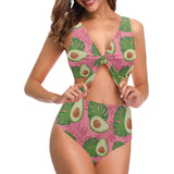 Avocado slices leaves pink back ground Chest Bowknot High Waisted Bikini Swimsuit