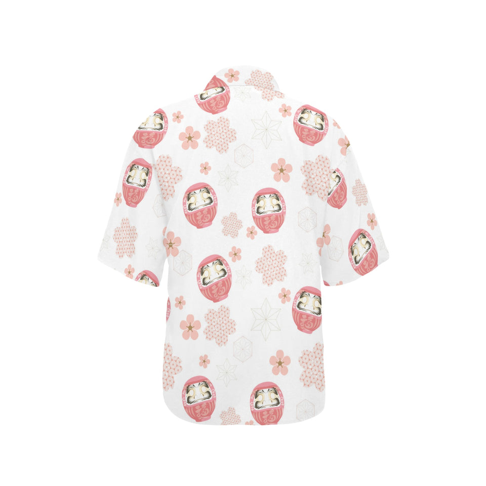 Daruma japanese wooden doll cherry blossom flower Women's All Over Print Hawaiian Shirt