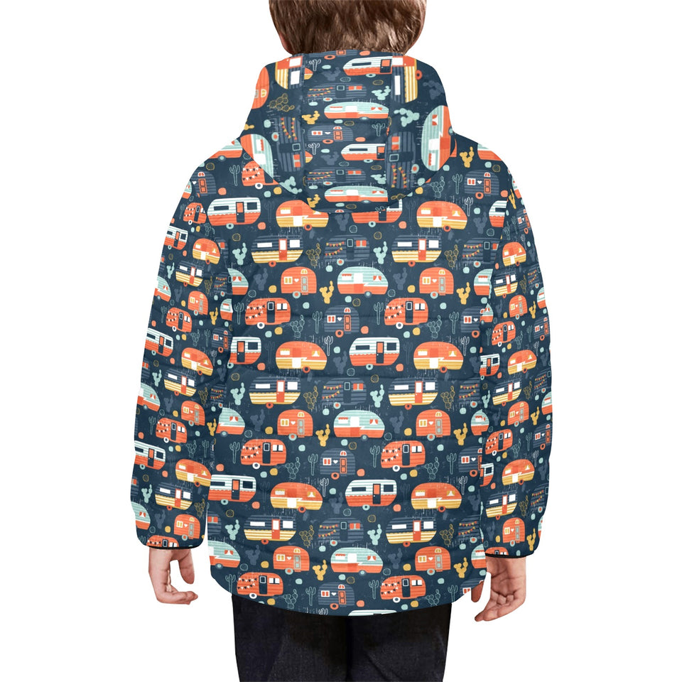 Camper Van Pattern Print Design 05 Kids' Boys' Girls' Padded Hooded Jacket