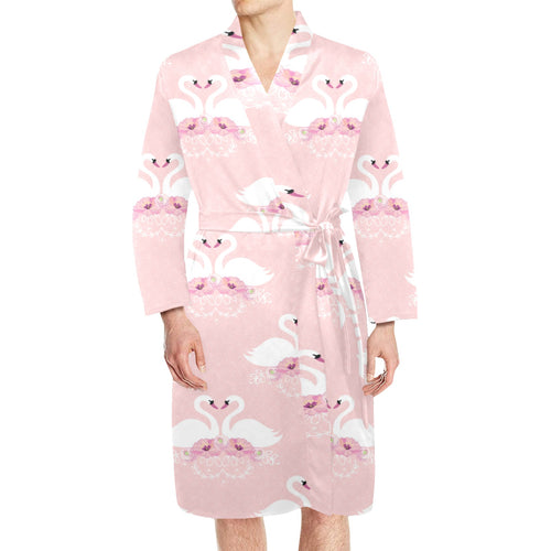 White swan and flower love pattern Men's Long Sleeve Belted Night Robe