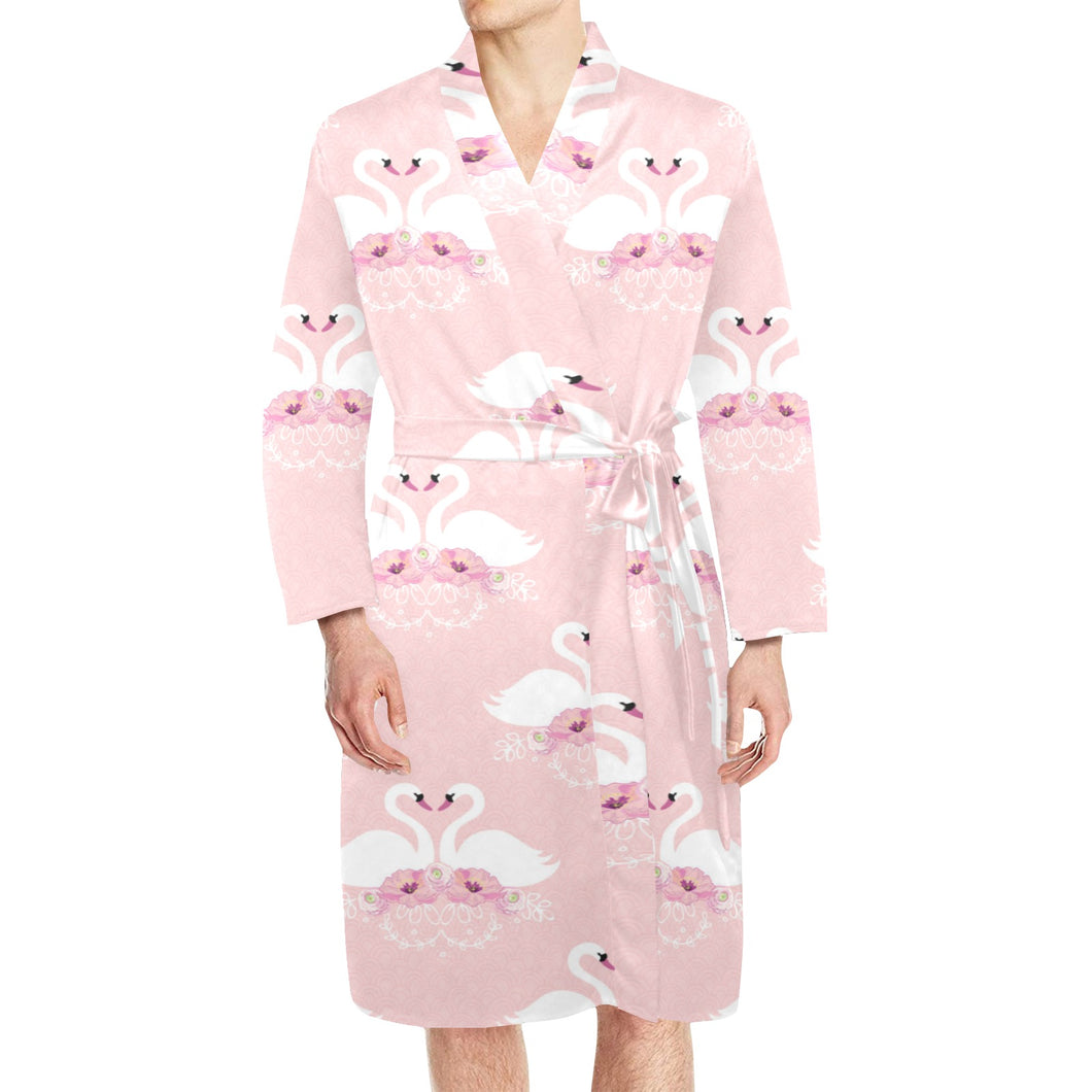 White swan and flower love pattern Men's Long Sleeve Belted Night Robe