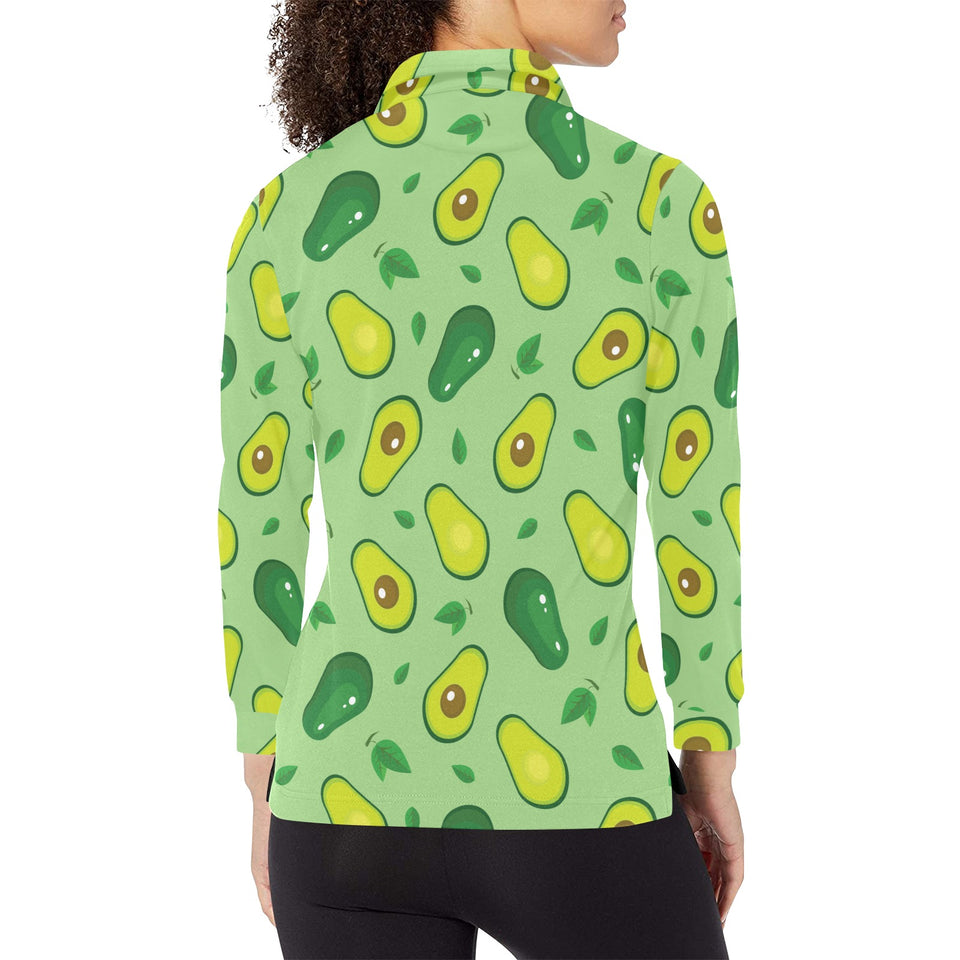 Avocado pattern green background Women's Long Sleeve Polo Shirt