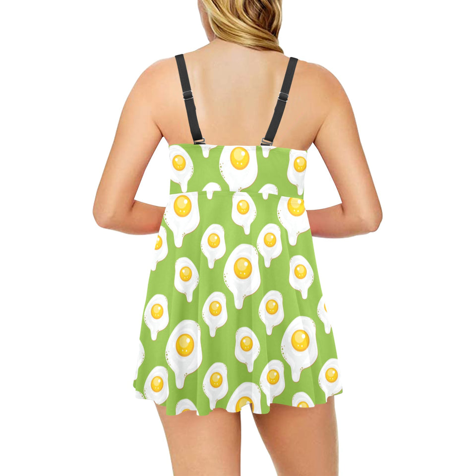 Fried Eggs Pattern Print Design 01 Chest Sexy Pleated Two Piece Swim Dress