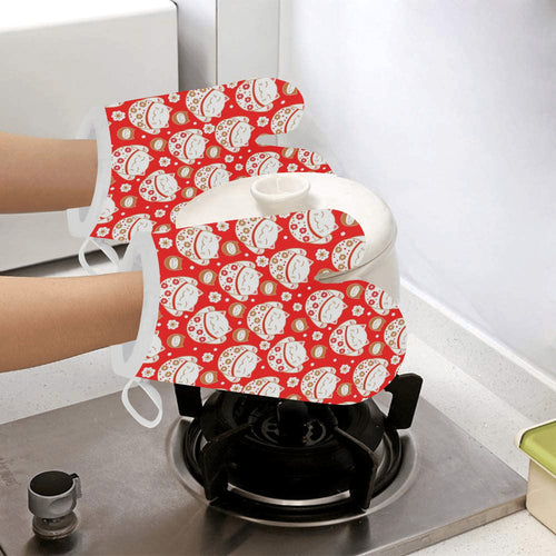 Cute Maneki neko cat red background Heat Resistant Oven Mitts