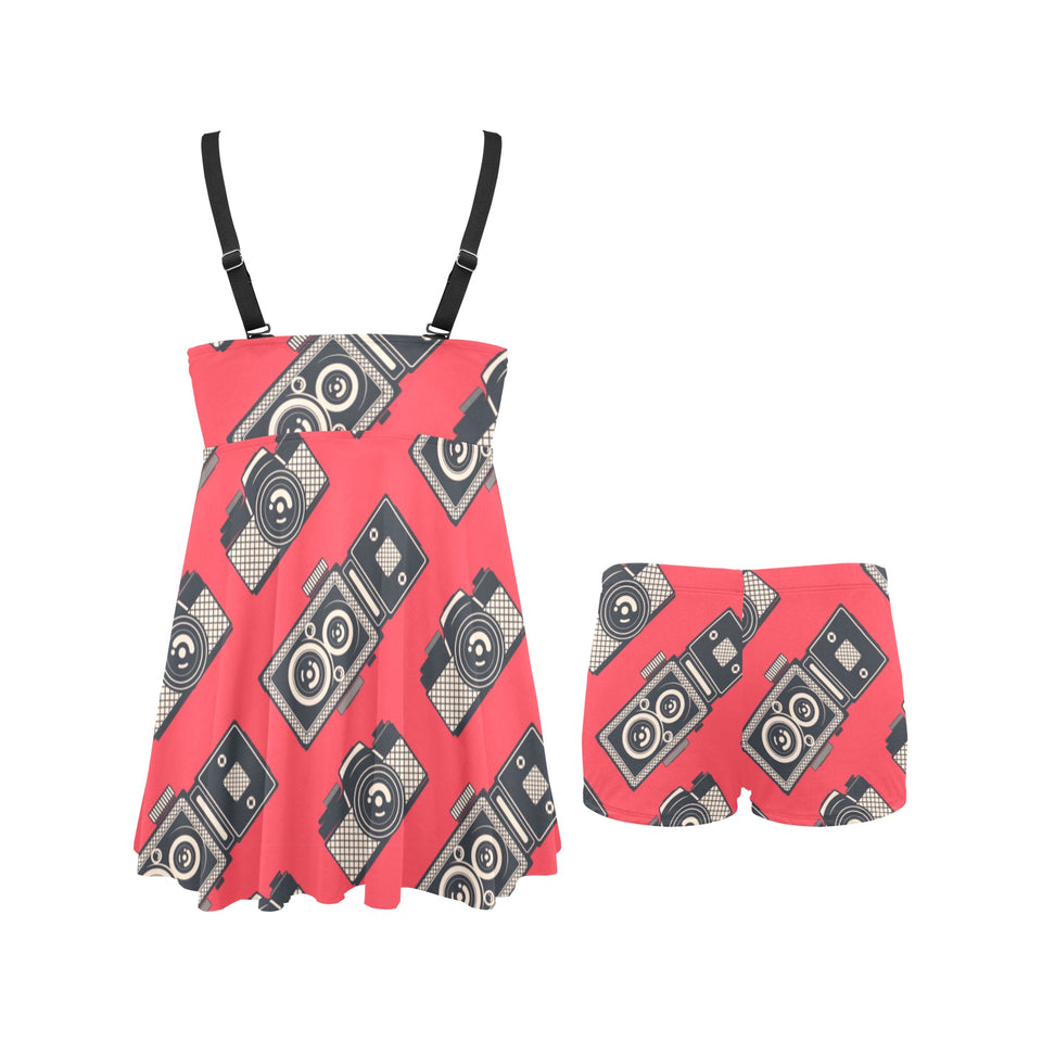 Camera Pattern Print Design 05 Chest Sexy Pleated Two Piece Swim Dress
