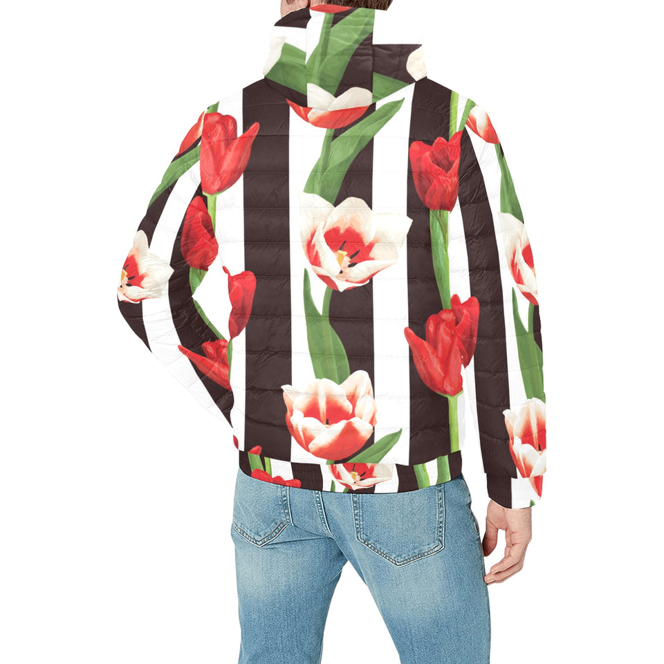 red and white tulips pattern Men's Padded Hooded Jacket