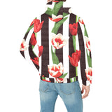 red and white tulips pattern Men's Padded Hooded Jacket