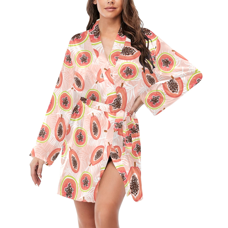 papaya leaves pattern Women's Long Sleeve Belted Night Robe