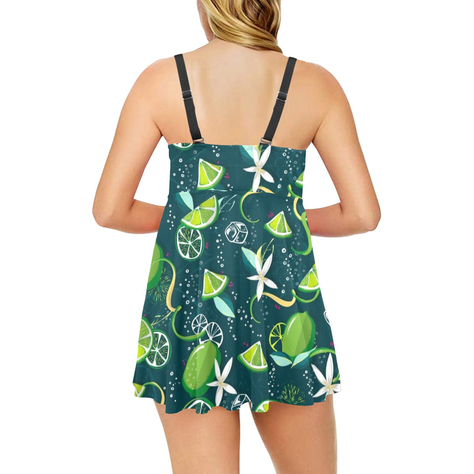 Lime ice flower pattern Chest Sexy Pleated Two Piece Swim Dress