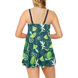 Lime ice flower pattern Chest Sexy Pleated Two Piece Swim Dress