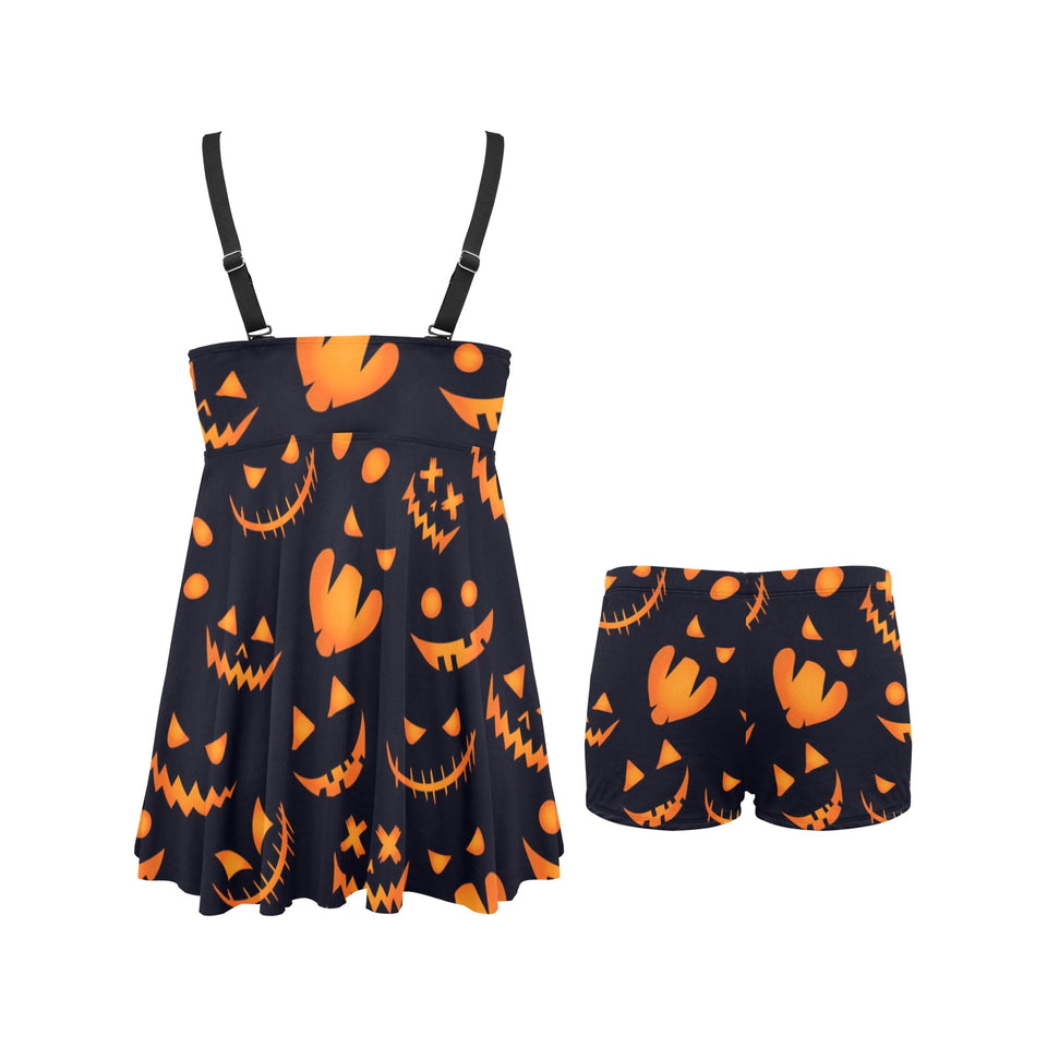 Halloween pattern Pumpkin background Chest Sexy Pleated Two Piece Swim Dress
