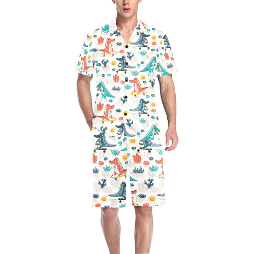 Cute Crocodile Pattern Men's V-Neck Short Pajama Set