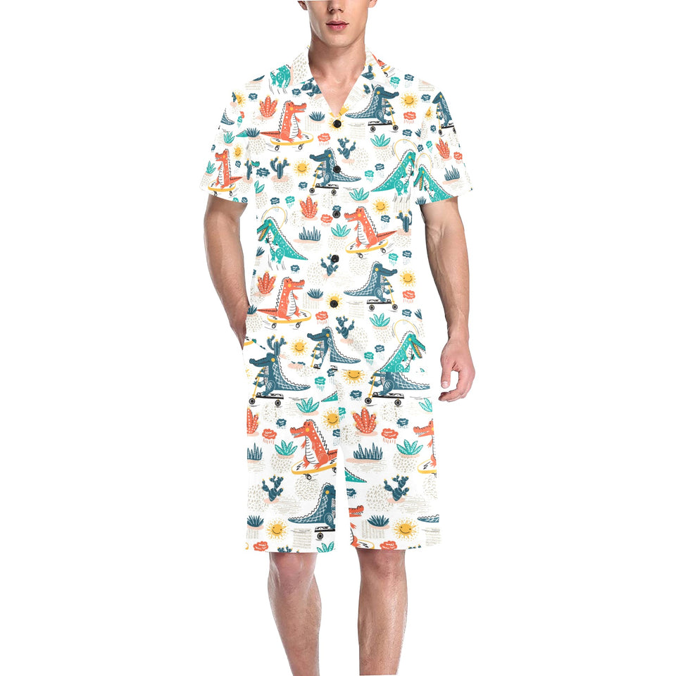 Cute Crocodile Pattern Men's V-Neck Short Pajama Set