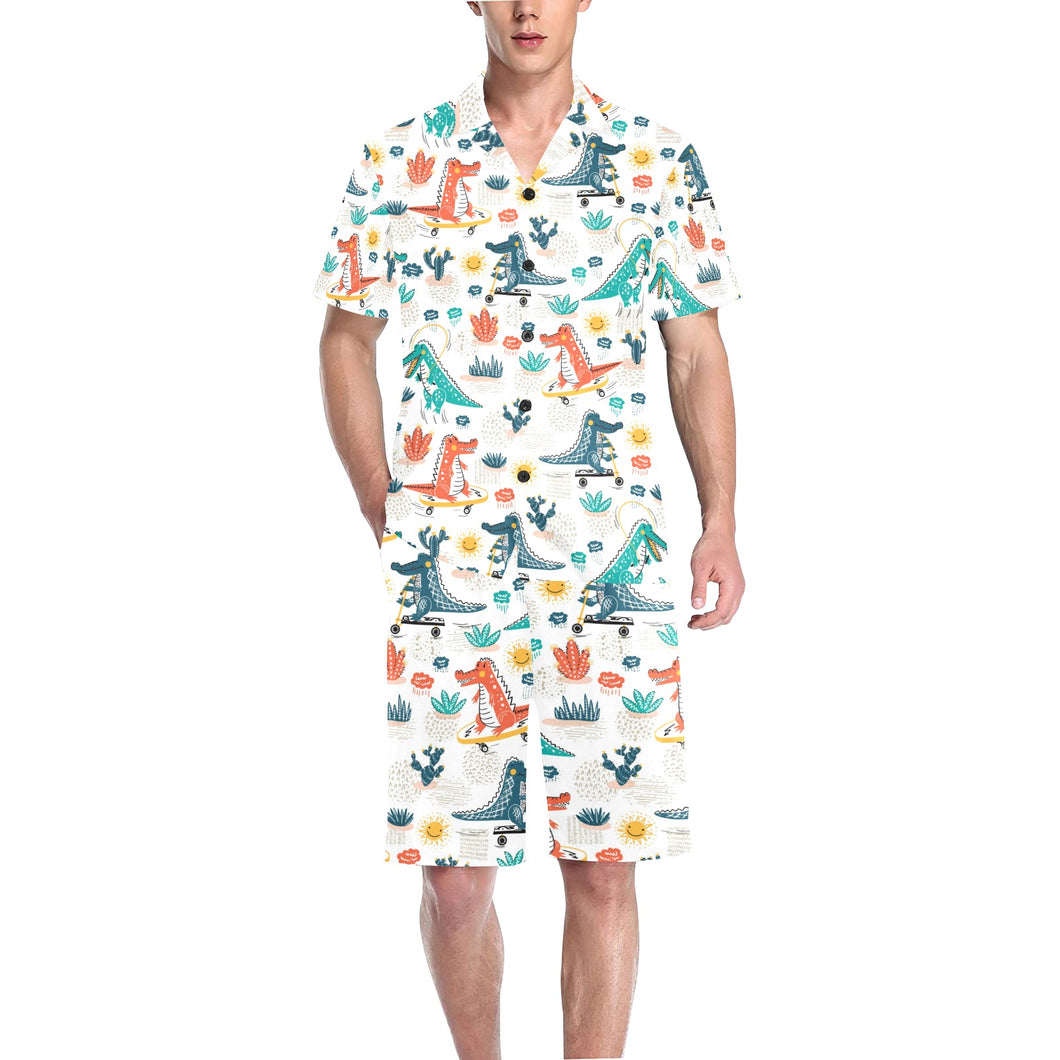 Cute Crocodile Pattern Men's V-Neck Short Pajama Set