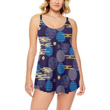 Blue japanese pattern cloud wave flower Chest Sexy Pleated Two Piece Swim Dress