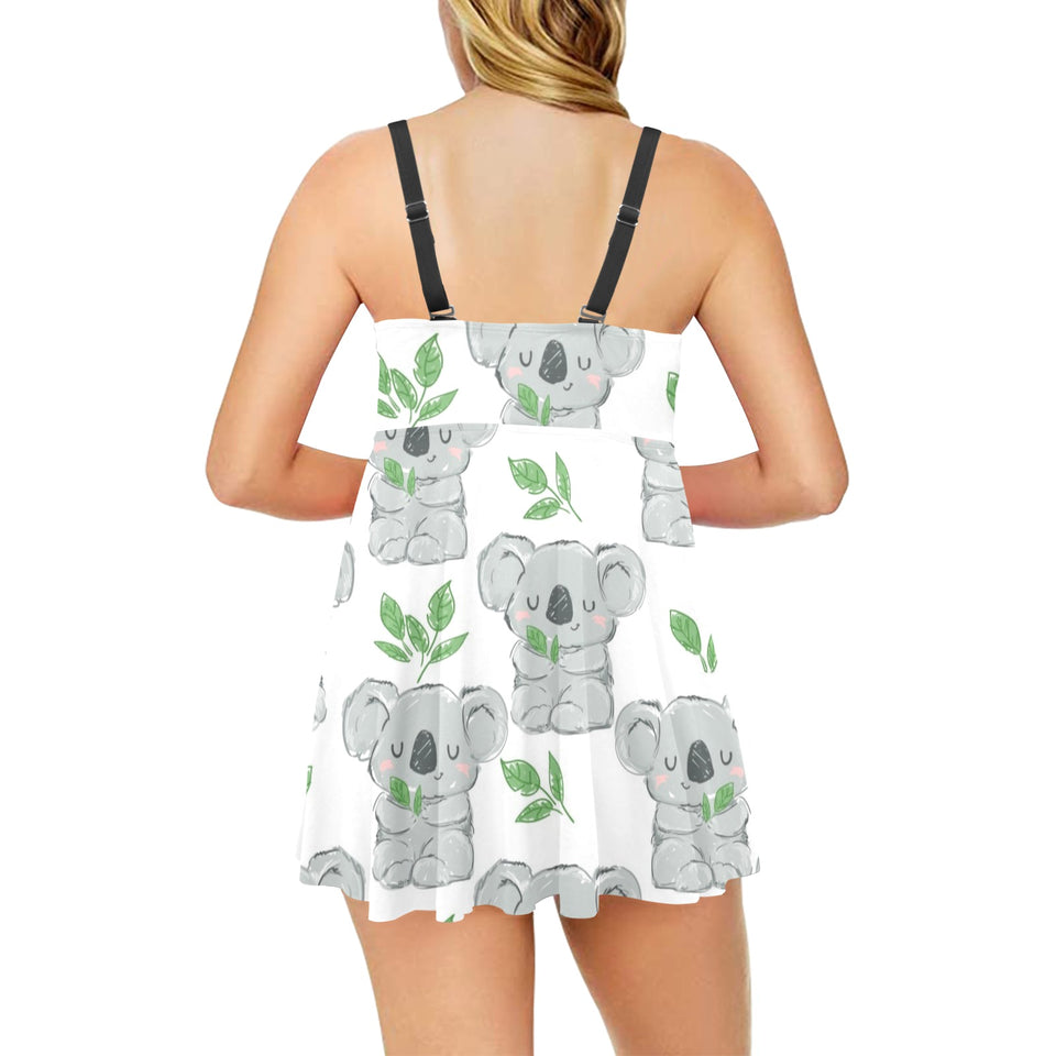 Hand drawn Koala leaves pattern Chest Sexy Pleated Two Piece Swim Dress