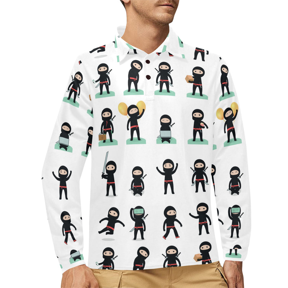 Cute ninja katana sword pattern Men's Long Sleeve Polo Shirt
