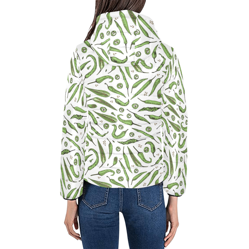 Hand drawn sketch style green Chili peppers patter Women's Padded Hooded Jacket