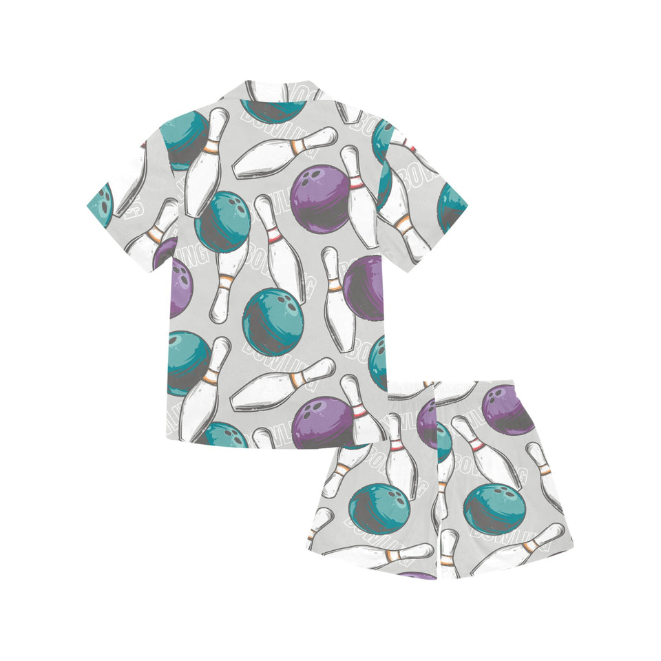 Bowling ball and pin gray background Kids' Boys' Girls' V-Neck Short Pajama Set