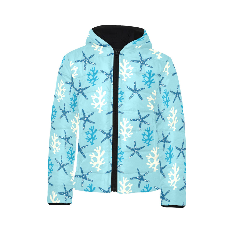 Blue starfish coral reef pattern Kids' Boys' Girls' Padded Hooded Jacket