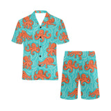 Octopus turquoise background Men's V-Neck Short Pajama Set