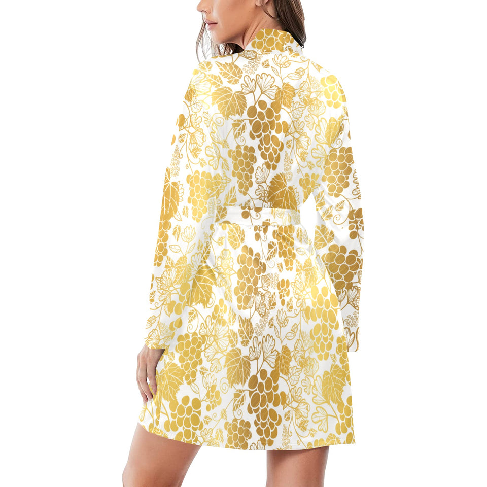 Gold grape pattern Women's Long Sleeve Belted Night Robe