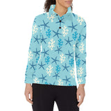 Blue starfish coral reef pattern Women's Long Sleeve Polo Shirt