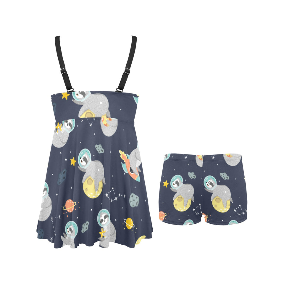 Cute sloth astronaut star planet rocket pattern Chest Sexy Pleated Two Piece Swim Dress