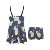 Cute sloth astronaut star planet rocket pattern Chest Sexy Pleated Two Piece Swim Dress