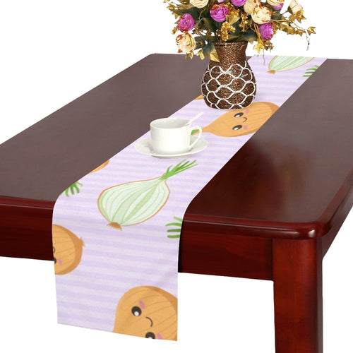 cute onions smiling faces purple background Table Runner