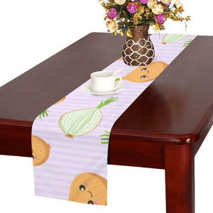 cute onions smiling faces purple background Table Runner