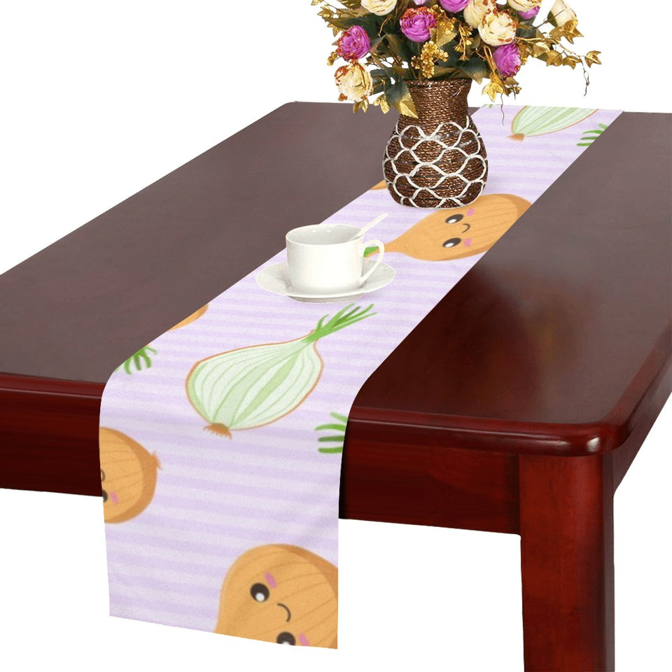 cute onions smiling faces purple background Table Runner