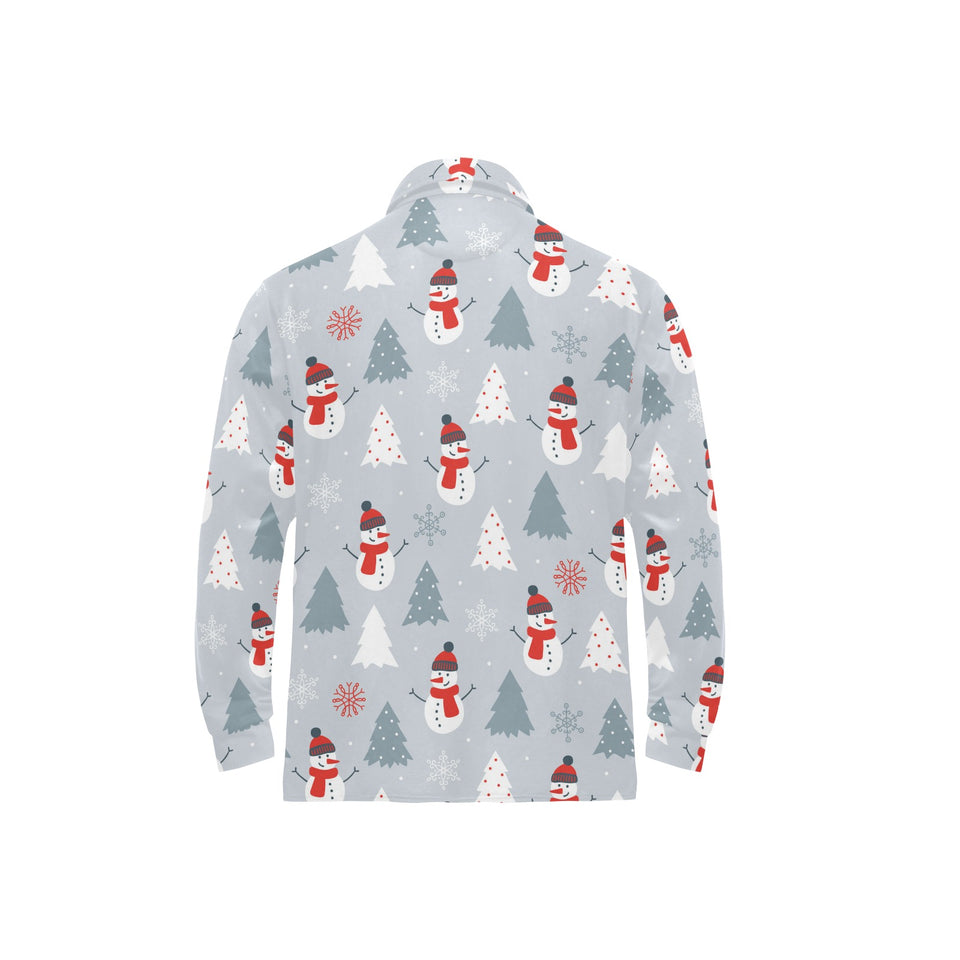 Snowman christmas tree snow gray background Men's Long Sleeve Polo Shirt