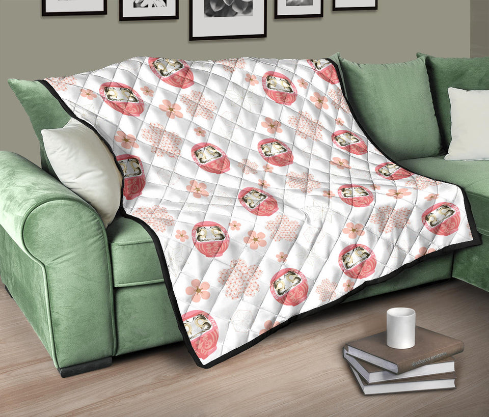 Daruma Japanese Wooden Doll Cherry Blossom Flower Pattern Premium Quilt