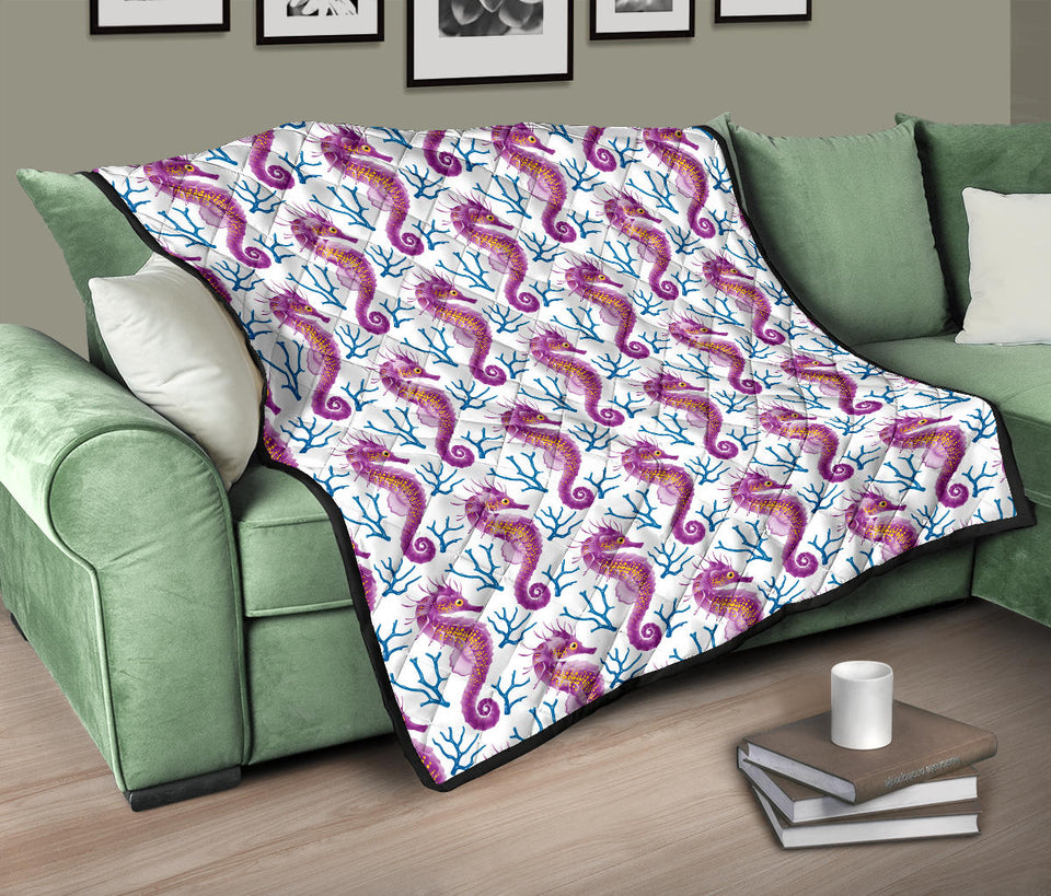 Purple Seahorse Blue Coral Pattern Premium Quilt