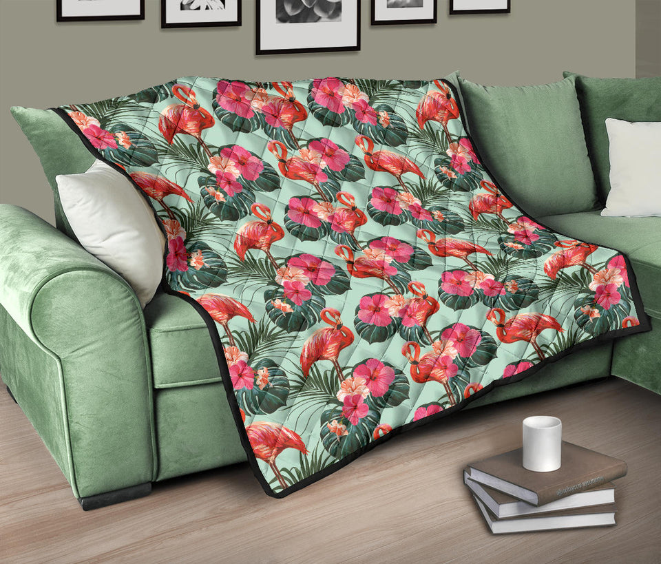Beautiful Flamingo Tropical Palm Leaves Hibiscus Pateern Background Premium Quilt