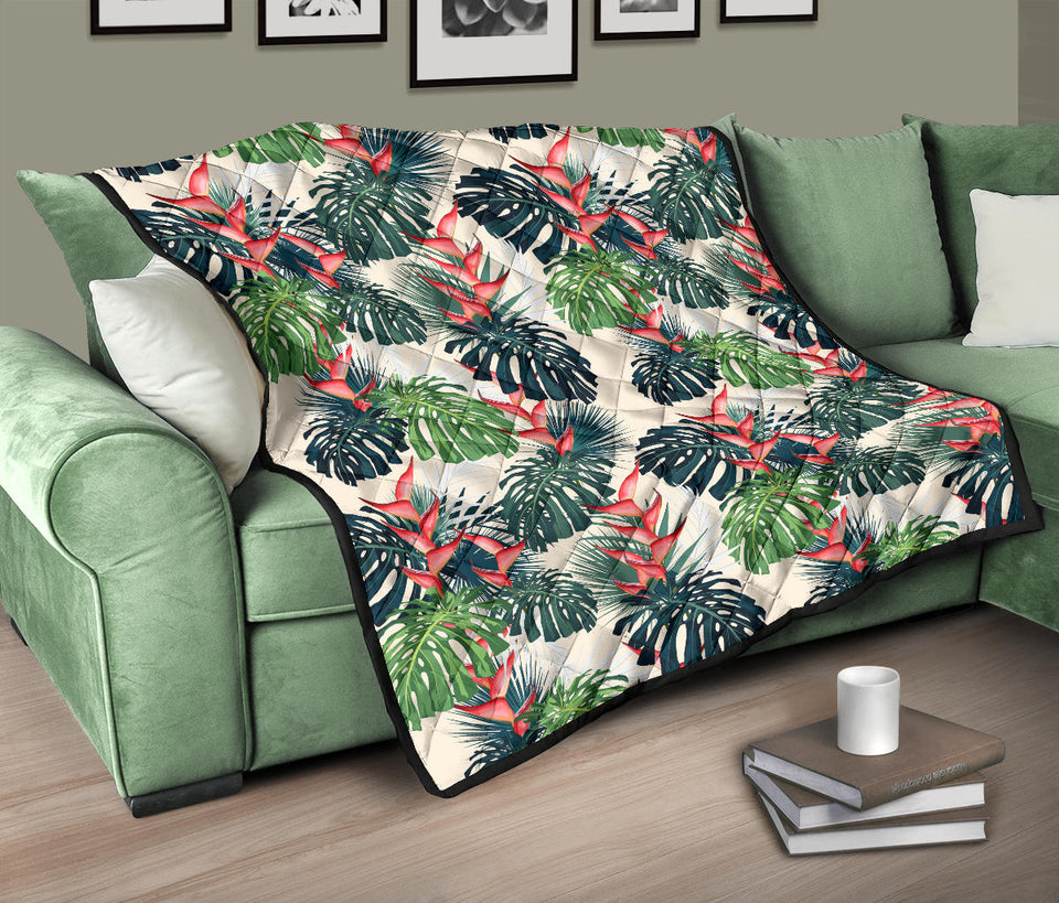 Heliconia Flowers, Palm And Monstera Leaves Premium Quilt
