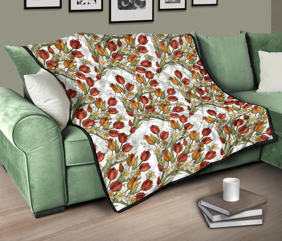 Red Tulips And Daffodils Pattern Premium Quilt